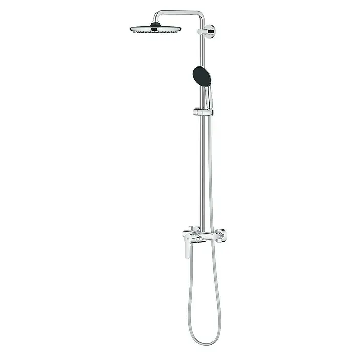 Grohe Vitalio Start Duschsystem 250 - Höhe: 112 cm, Lochabstand: 101 cm, Anzahl Strahlarten: 2 Stk., Chrom - Abbildung einer kompletten Duschgarnitur mit Kopf- und Handbrause, ideal für ein modernes Badezimmerdesign.