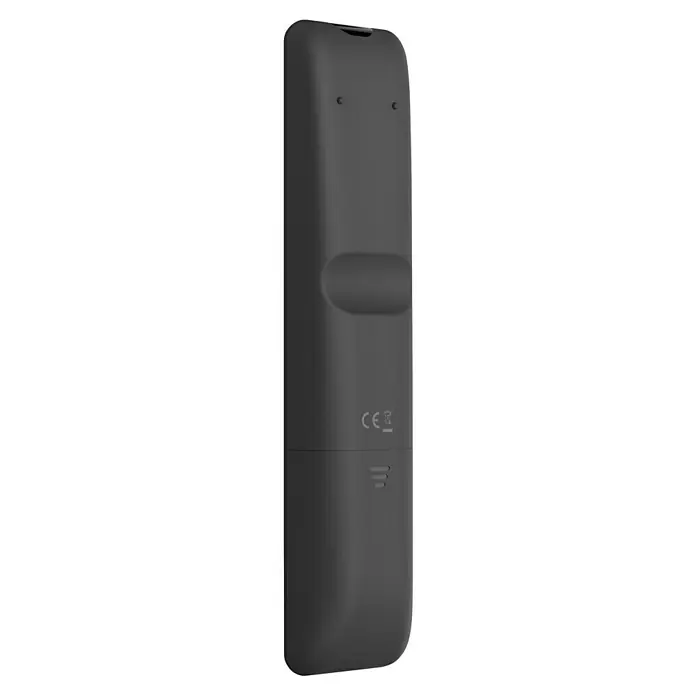 Hama Universal-Fernbedienung 4 in 1 - 202 x 41 x 21 mm, Passend für: TV, Set-Top-Box, Sat-Receiver, Soundbar, DVB-T-Receiver, Kabel-Receiver, Blu-ray-Player, Verstärker - Rückseite einer schwarzen TV-Fernbedienung mit CE-Kennzeichnung und Batteriehinweis.