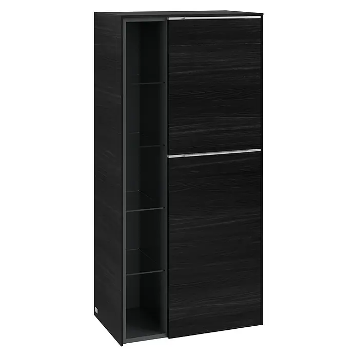 Villeroy & Boch Subway 3.0 Seitenschrank - B x T x H: 57,4 x 36,2 x 120 cm, Black Oak, DIN Anschlag: Rechts, Farbe Griff: Aluminium glänzend - Dunkler Schrank mit Schiebetür und Glasregalen für moderne Aufbewahrung.\n