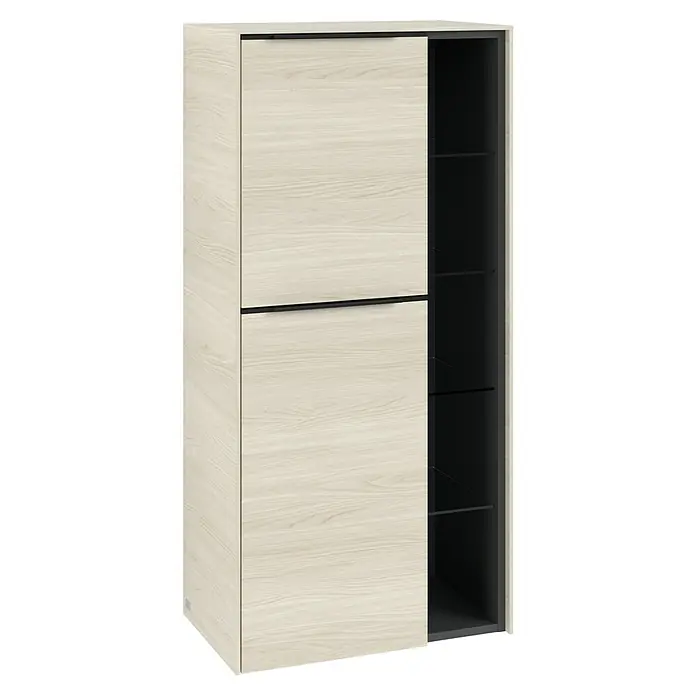 Villeroy & Boch Subway 3.0 Seitenschrank - B x T x H: 57,4 x 36,2 x 120 cm, White Oak, DIN Anschlag: Links, Farbe Griff: Volcano Black - Helles Holzregal mit Schiebetür und mehreren Regalböden für stilvolle Aufbewahrung.
