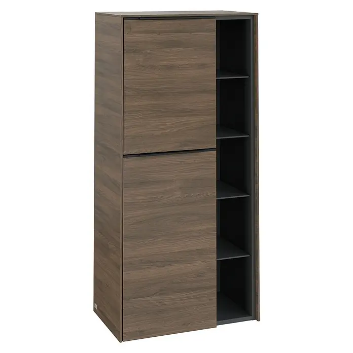 Villeroy & Boch Subway 3.0 Seitenschrank - B x T x H: 57,4 x 36,2 x 120 cm, Arizona Oak, DIN Anschlag: Links, Farbe Griff: Volcano Black - Elegantes Holzfurnier-Garderobenelement mit Schiebetüren und offenem Regalfach für stilvolle Aufbewahrungslösungen im modernen Zuhause.