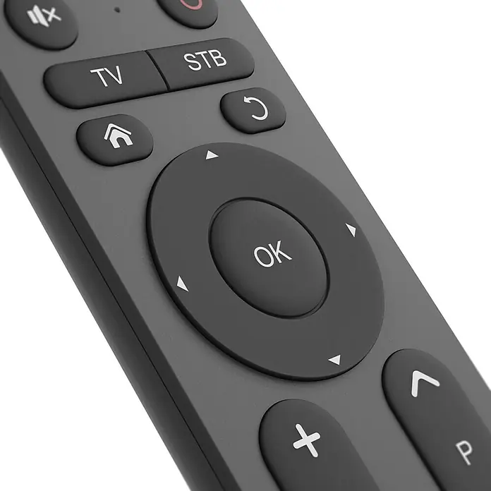 Hama Universal-Fernbedienung 2in1 221056 - 173 x 47 x 20 mm, Passend für: TV, Set-Top-Box, Sat-Receiver, Soundbar, DVB-T-Receiver, Kabel-Receiver, Blu-ray-Player, Verstärker - Nahaufnahme einer grauen TV-Fernbedienung mit verschiedenen Tasten für eine einfache und komfortable Steuerung des Fernsehers.