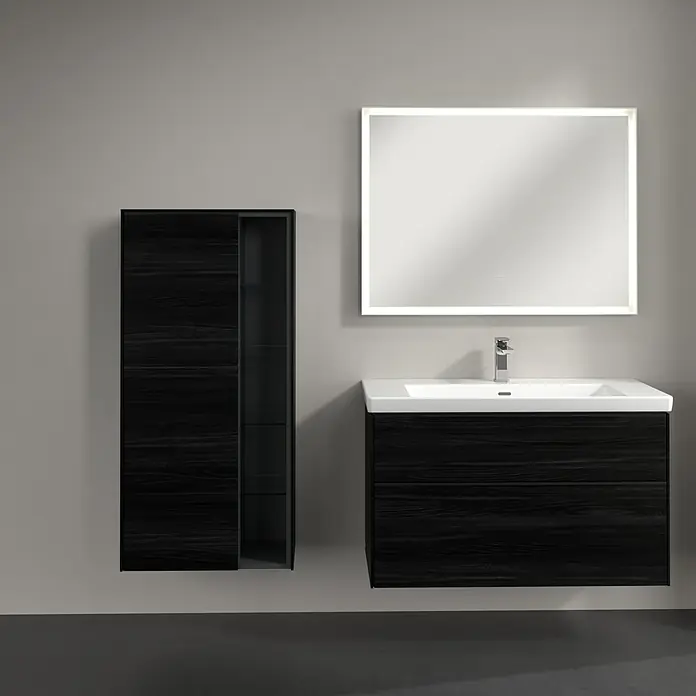 Villeroy & Boch Subway 3.0 Seitenschrank - B x T x H: 57,4 x 36,2 x 120 cm, Black Oak, DIN Anschlag: Links, Farbe Griff: Volcano Black - Modernes Badezimmer-Set mit Waschbeckenunterschrank, Spiegelschrank und Hochschrank in dunkler Holzoptik. Stilvolles Design für Ihr Bad.