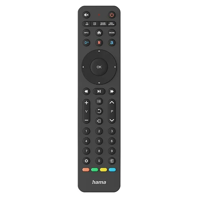 Hama Universal-Fernbedienung 8 Geräte App-Tasten - 260 x 75 x 40 mm, Passend für: TV, Set-Top-Box, Sat-Receiver, Soundbar, DVB-T-Receiver, Kabel-Receiver, Blu-ray-Player, Verstärker - Abbildung einer Hama-Fernbedienung in dunklem Design, die verschiedene Tasten für die Steuerung von TV, Audio und Streaming-Diensten bietet.