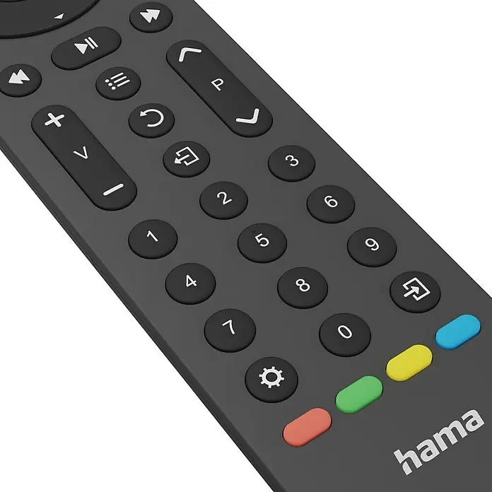 Hama Universal-Fernbedienung 8 Geräte App-Tasten - 260 x 75 x 40 mm, Passend für: TV, Set-Top-Box, Sat-Receiver, Soundbar, DVB-T-Receiver, Kabel-Receiver, Blu-ray-Player, Verstärker - Nahaufnahme einer Hama-Fernbedienung mit Tasten für Lautstärke, Kanäle und Ziffern, die eine einfache Navigation ermöglicht.
