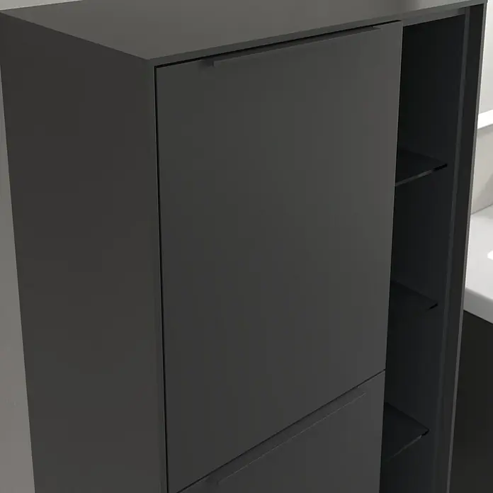 Villeroy & Boch Subway 3.0 Seitenschrank - B x T x H: 57,4 x 36,2 x 120 cm, Graphite, DIN Anschlag: Links, Farbe Griff: Monochrom - Dunkelgrauer Badezimmerschrank mit Regalen zur Aufbewahrung von Badutensilien. Elegantes und modernes Design.