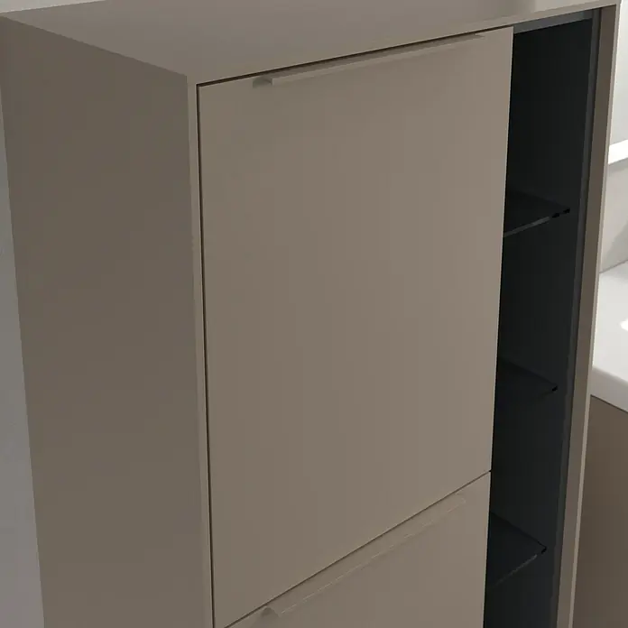 Villeroy & Boch Subway 3.0 Seitenschrank - B x T x H: 57,4 x 36,2 x 120 cm, Taupe, DIN Anschlag: Links, Farbe Griff: Monochrom - Beige Badezimmerschränke mit einem schlichten, modernen Design und Griffen über die gesamte Länge der Schubladen. Perfekt zur Aufbewahrung.