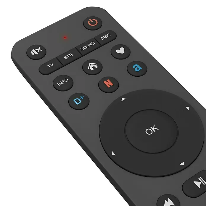 Hama Universal-Fernbedienung 4 in 1 - 202 x 41 x 21 mm, Passend für: TV, Set-Top-Box, Sat-Receiver, Soundbar, DVB-T-Receiver, Kabel-Receiver, Blu-ray-Player, Verstärker - Nahaufnahme einer schwarzen TV-Fernbedienung mit verschiedenen Tasten für einfache Navigation und Steuerung des Fernsehers.