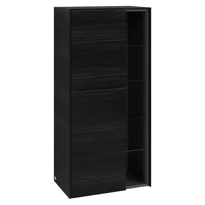 Villeroy & Boch Subway 3.0 Seitenschrank - B x T x H: 57,4 x 36,2 x 120 cm, Black Oak, DIN Anschlag: Links, Farbe Griff: Volcano Black - Eleganter schwarzer Holzschrank mit praktischen Glastablaren bietet viel Stauraum. Die Schiebetüren sparen Platz und sehen modern aus.