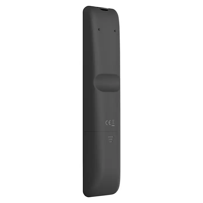 Hama Universal-Fernbedienung 8 Geräte App-Tasten - 260 x 75 x 40 mm, Passend für: TV, Set-Top-Box, Sat-Receiver, Soundbar, DVB-T-Receiver, Kabel-Receiver, Blu-ray-Player, Verstärker - Rückseite einer schwarzen TV-Fernbedienung mit CE-Kennzeichnung und Batteriesymbol für umweltgerechte Entsorgung.
