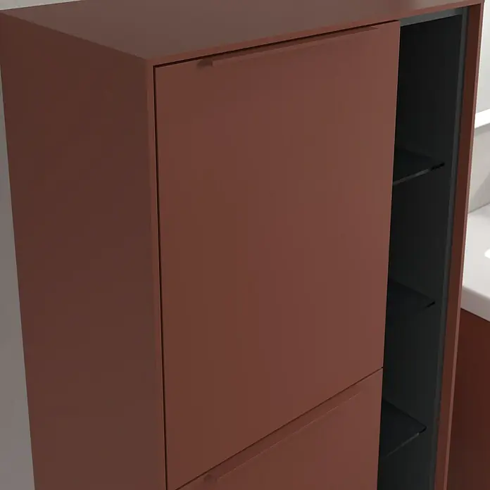 Villeroy & Boch Subway 3.0 Seitenschrank - B x T x H: 57,4 x 36,2 x 120 cm, Wine Red, DIN Anschlag: Links, Farbe Griff: Monochrom - Schrank in warmem, erdigem Farbton. Das stilvolle Möbelstück bietet diskreten Stauraum für ein aufgeräumtes Ambiente.