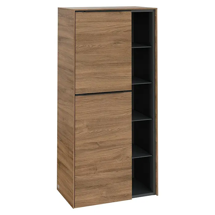 Villeroy & Boch Subway 3.0 Seitenschrank - B x T x H: 57,4 x 36,2 x 120 cm, Kansas Oak, DIN Anschlag: Links, Farbe Griff: Volcano Black - Elegantes Sideboard mit Holzstruktur und Schiebetüren, ideal für moderne Wohnräume und zur stilvollen Aufbewahrung verschiedener Gegenstände.