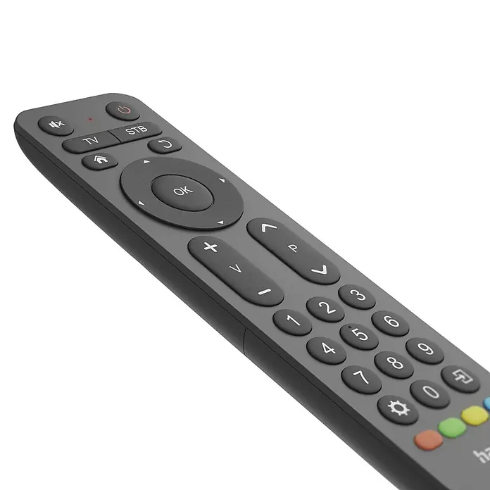 Hama Universal-Fernbedienung 2in1 221056 - 173 x 47 x 20 mm, Passend für: TV, Set-Top-Box, Sat-Receiver, Soundbar, DVB-T-Receiver, Kabel-Receiver, Blu-ray-Player, Verstärker - Eine Nahaufnahme einer grauen TV-Fernbedienung mit verschiedenen Tasten für TV-Funktionen.