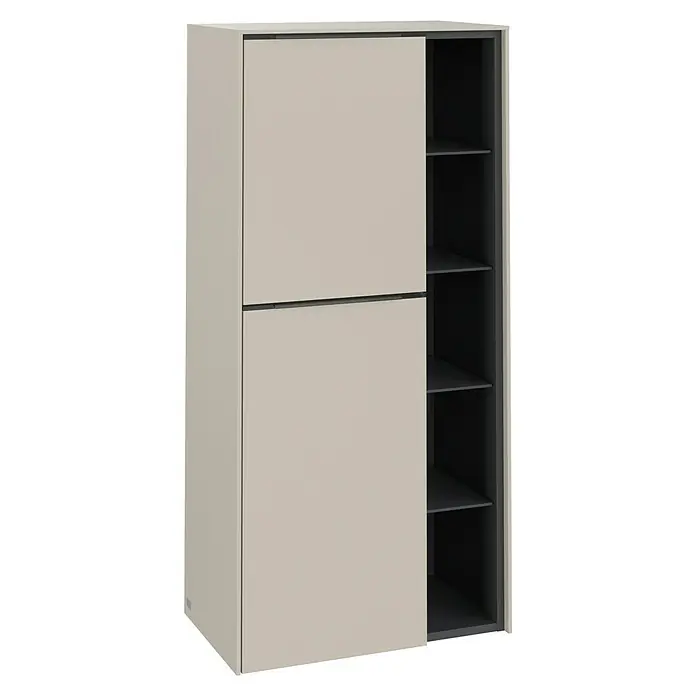Villeroy & Boch Subway 3.0 Seitenschrank - B x T x H: 57,4 x 36,2 x 120 cm, Cashmere Grey, DIN Anschlag: Links, Farbe Griff: Monochrom - Ein beiger Kleiderschrank mit Schiebetüren und mehreren Regalen, perfekt für die Organisation Ihrer Kleidung und Accessoires.