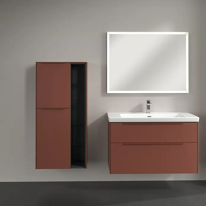 Villeroy & Boch Subway 3.0 Seitenschrank - B x T x H: 57,4 x 36,2 x 120 cm, Wine Red, DIN Anschlag: Links, Farbe Griff: Monochrom - Moderne Badezimmerkonsole mit Waschtisch, Spiegel und Schrank in Kupferbraun für ein stilvolles Ambiente.