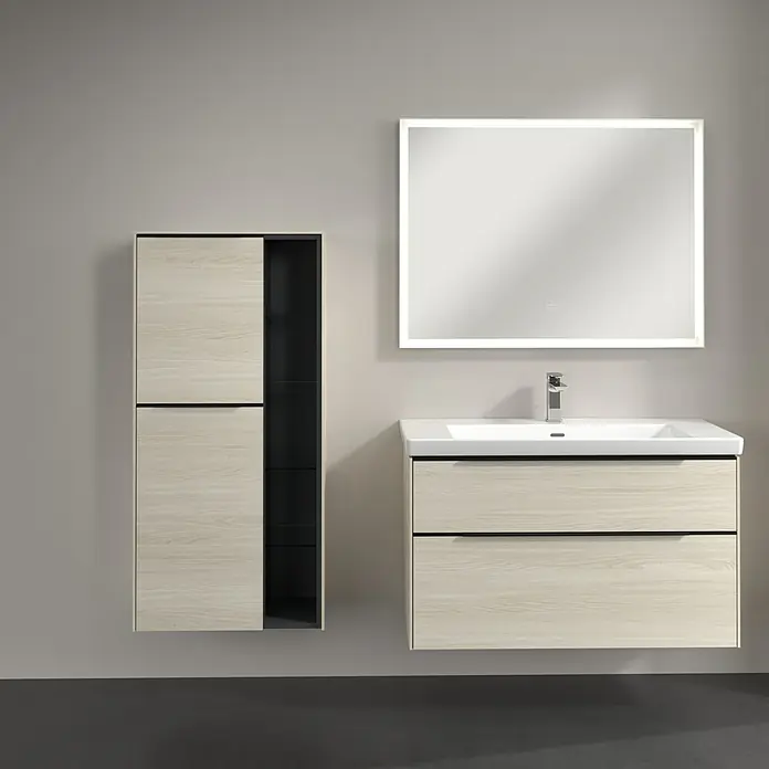 Villeroy & Boch Subway 3.0 Seitenschrank - B x T x H: 57,4 x 36,2 x 120 cm, White Oak, DIN Anschlag: Links, Farbe Griff: Volcano Black - Badezimmer mit Waschtischunterschrank und Spiegelschrank mit LED-Beleuchtung für ein modernes Ambiente im Badezimmer.