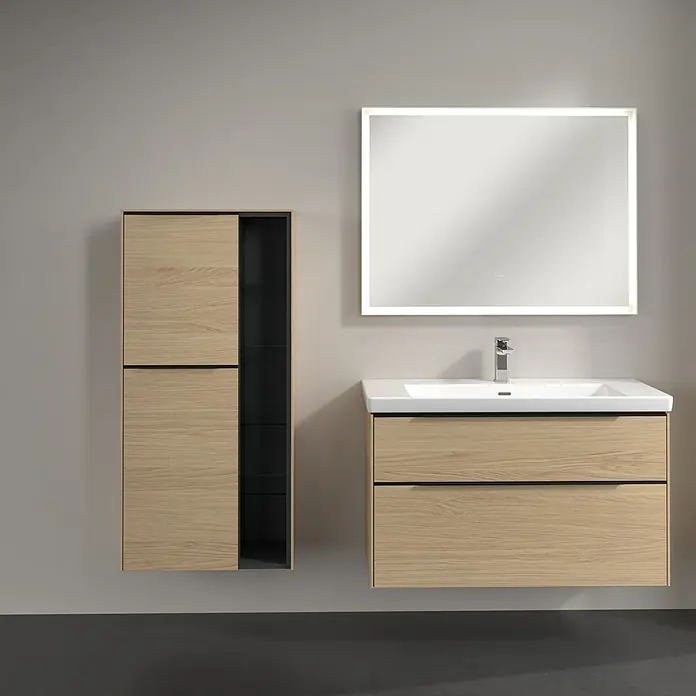 Villeroy & Boch Subway 3.0 Seitenschrank - B x T x H: 57,4 x 36,2 x 120 cm, Nordik Oak, DIN Anschlag: Links, Farbe Griff: Volcano Black - Modernes Badezimmer-Set mit Waschtischunterschrank, Spiegelschrank und Hochschrank in Holzoptik. Elegantes Design für ein stilvolles Bad.