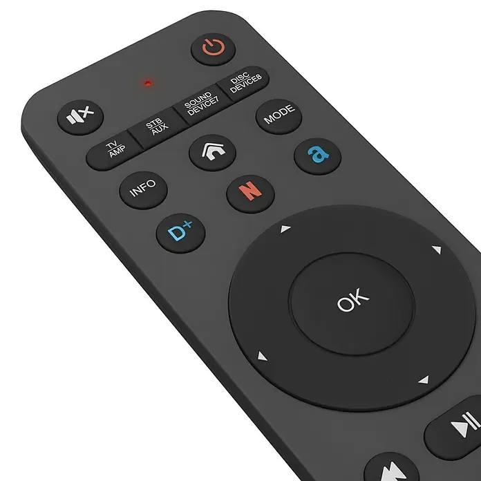 Hama Universal-Fernbedienung 8 Geräte App-Tasten - 260 x 75 x 40 mm, Passend für: TV, Set-Top-Box, Sat-Receiver, Soundbar, DVB-T-Receiver, Kabel-Receiver, Blu-ray-Player, Verstärker - Nahaufnahme einer schwarzen Universalfernbedienung mit Tasten für TV, Sound, Disc, Info und Navigation.