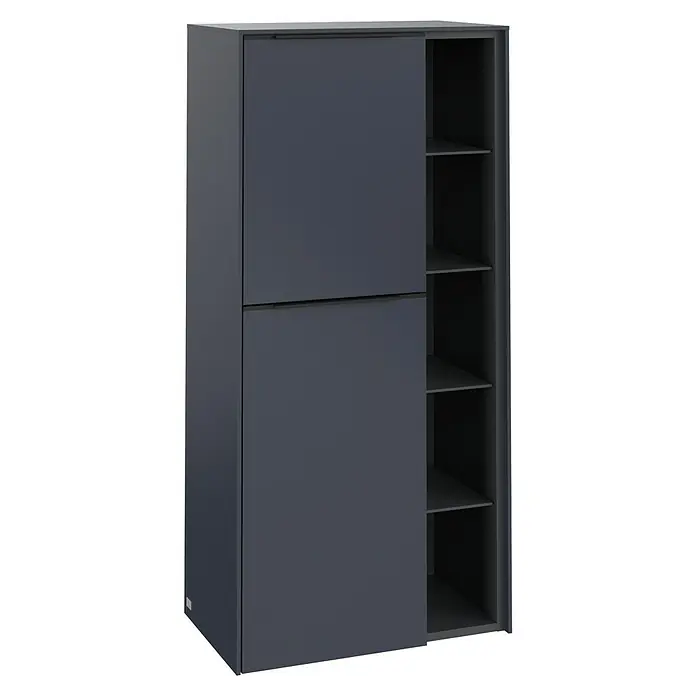 Villeroy & Boch Subway 3.0 Seitenschrank - B x T x H: 57,4 x 36,2 x 120 cm, Marine Blue, DIN Anschlag: Links, Farbe Griff: Volcano Black - Ein moderner, dunkelgrauer Schrank mit Schiebetüren und Regalfächern. Die perfekte Stauraumlösung für Ihr Zuhause.