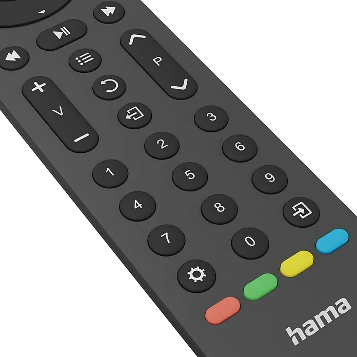 Hama Universal-Fernbedienung 4 in 1 - 202 x 41 x 21 mm, Passend für: TV, Set-Top-Box, Sat-Receiver, Soundbar, DVB-T-Receiver, Kabel-Receiver, Blu-ray-Player, Verstärker - Nahaufnahme einer Hama-Fernbedienung mit Tasten für Lautstärke, Kanalwahl und Ziffern, die eine einfache Steuerung des Fernsehers ermöglichen.
