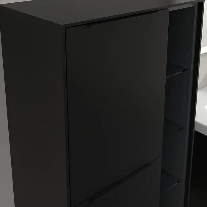Villeroy & Boch Subway 3.0 Seitenschrank - B x T x H: 57,4 x 36,2 x 120 cm, Volcano Black, DIN Anschlag: Links, Farbe Griff: Volcano Black - Schwarzer Badezimmerschrank mit zwei Schubladen und offenen Regalen zur Aufbewahrung von Badutensilien und zur stilvollen Badgestaltung.