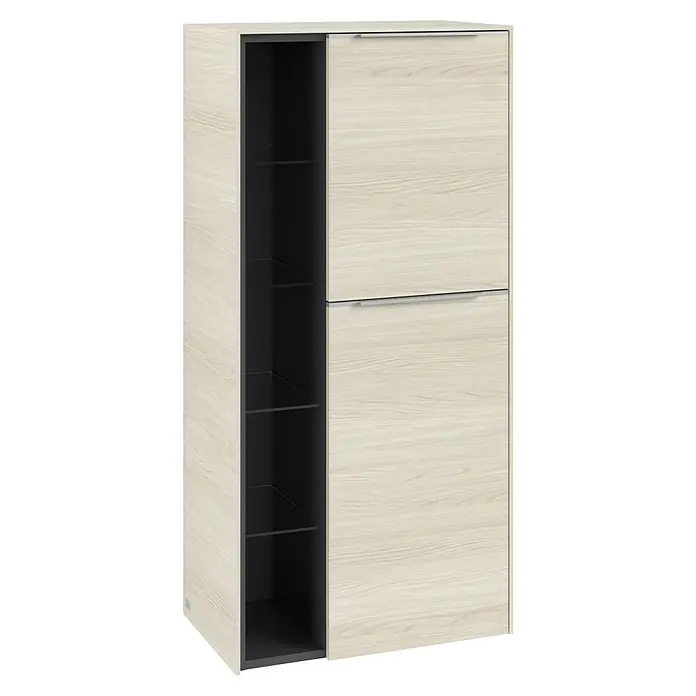 Villeroy & Boch Subway 3.0 Seitenschrank - B x T x H: 57,4 x 36,2 x 120 cm, White Oak, DIN Anschlag: Rechts, Farbe Griff: Aluminium glänzend - Modernes Schuhschrankmöbelstück mit offenem Regal und verschließbarer Tür.