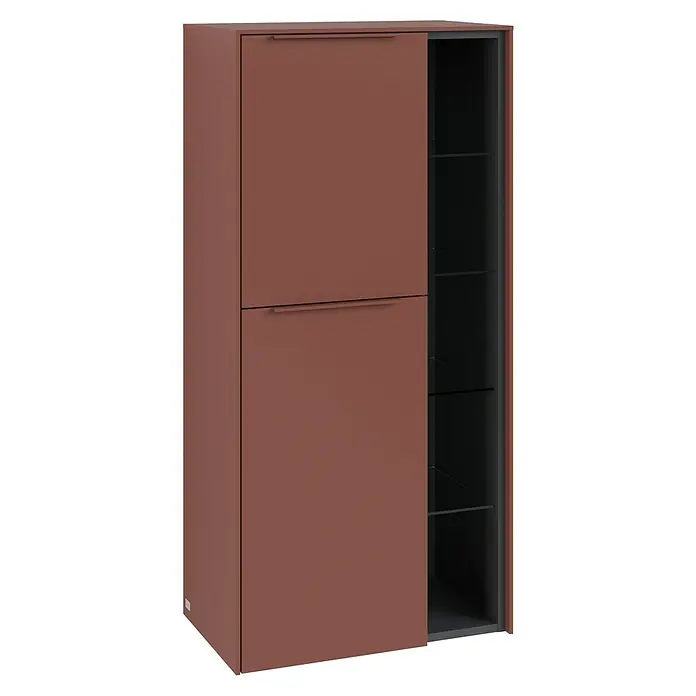Villeroy & Boch Subway 3.0 Seitenschrank - B x T x H: 57,4 x 36,2 x 120 cm, Wine Red, DIN Anschlag: Links, Farbe Griff: Monochrom - Das Bild zeigt einen braunen Schrank mit zwei Fächern und einem offenen Regalbereich, der eine elegante und funktionale Aufbewahrungslösung bietet.