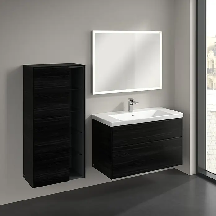 Villeroy & Boch Subway 3.0 Seitenschrank - B x T x H: 57,4 x 36,2 x 120 cm, Black Oak, DIN Anschlag: Links, Farbe Griff: Volcano Black - Modernes Badezimmer-Set in Schwarz: Waschtischunterschrank mit Schubladen, Spiegelschrank und Hochschrank für stilvolle Badgestaltung.