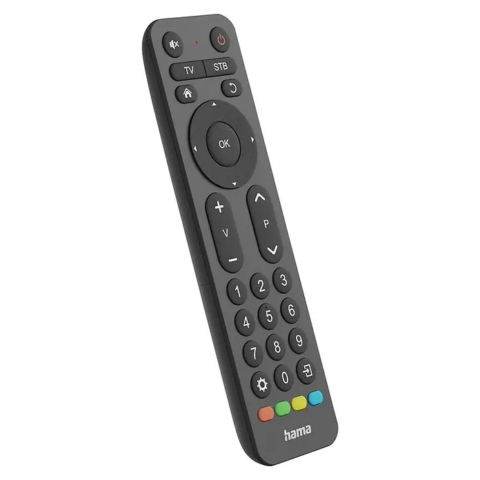 Hama Universal-Fernbedienung 2in1 221056 - 173 x 47 x 20 mm, Passend für: TV, Set-Top-Box, Sat-Receiver, Soundbar, DVB-T-Receiver, Kabel-Receiver, Blu-ray-Player, Verstärker - Nahaufnahme einer Hama TV-Fernbedienung mit verschiedenen Tasten und Funktionen. Ideal zum Steuern Ihres Fernsehers.