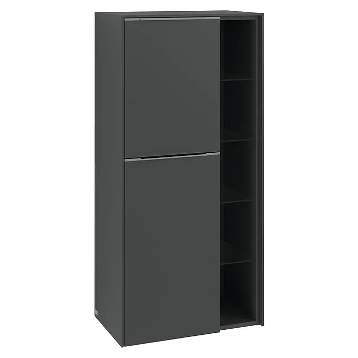 Villeroy & Boch Subway 3.0 Seitenschrank - B x T x H: 57,4 x 36,2 x 120 cm, Marine Blue, DIN Anschlag: Links, Farbe Griff: Monochrom - Schwarzer Kleiderschrank mit Schiebetüren und offenen Regalen für Kleidung. Der Schrank ist modern und funktional.