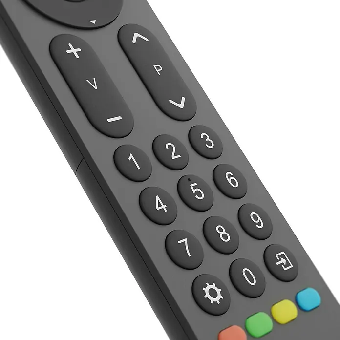 Hama Universal-Fernbedienung 2in1 221056 - 173 x 47 x 20 mm, Passend für: TV, Set-Top-Box, Sat-Receiver, Soundbar, DVB-T-Receiver, Kabel-Receiver, Blu-ray-Player, Verstärker - Nahaufnahme einer grauen TV-Fernbedienung mit verschiedenen Tasten, einschließlich Ziffern und Funktionstasten.