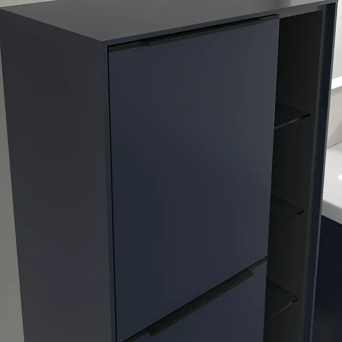 Villeroy & Boch Subway 3.0 Seitenschrank - B x T x H: 57,4 x 36,2 x 120 cm, Marine Blue, DIN Anschlag: Links, Farbe Griff: Volcano Black - Dunkelblauer Schuhschrank mit zwei Fächern und Regalen zur Aufbewahrung von Schuhen. Praktische und stilvolle Schuhaufbewahrung.