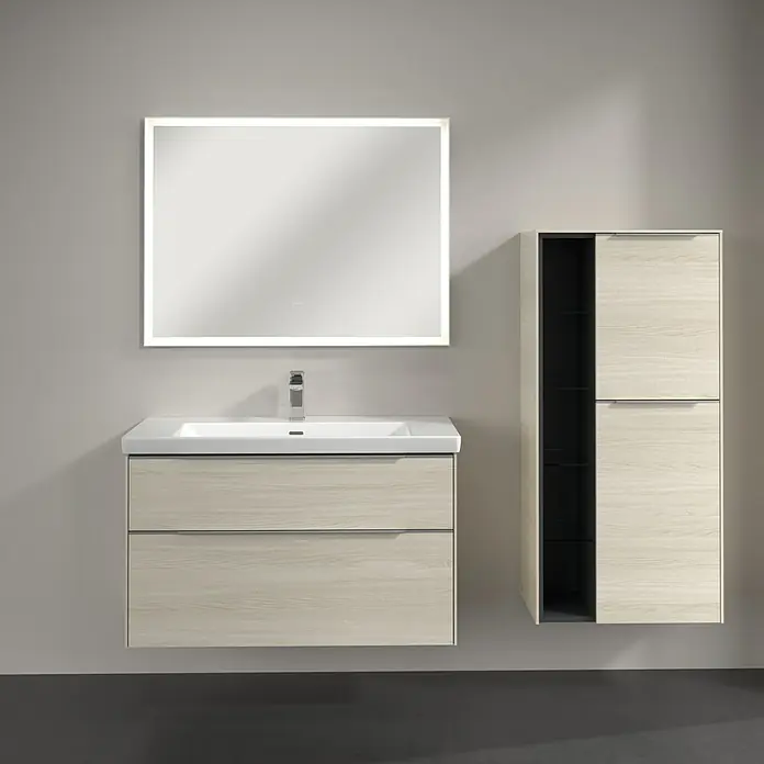 Villeroy & Boch Subway 3.0 Seitenschrank - B x T x H: 57,4 x 36,2 x 120 cm, White Oak, DIN Anschlag: Rechts, Farbe Griff: Aluminium glänzend - Badezimmereinrichtung mit Waschtischunterschrank, Waschbecken, beleuchtetem Spiegel und passendem Hängeschrank für ein stilvolles Badambiente.