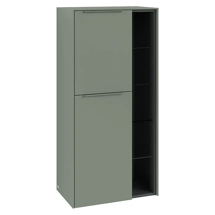 Villeroy & Boch Subway 3.0 Seitenschrank - B x T x H: 57,4 x 36,2 x 120 cm, Soft Green, DIN Anschlag: Links, Farbe Griff: Monochrom - Dieser moderne graugrüne Schrank bietet stilvollen Stauraum mit Glasböden und schlichten Griffen. Perfekt für Wohn- oder Esszimmer.