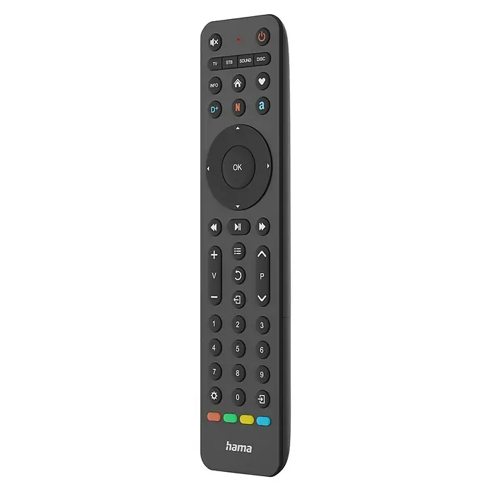 Hama Universal-Fernbedienung 4 in 1 - 202 x 41 x 21 mm, Passend für: TV, Set-Top-Box, Sat-Receiver, Soundbar, DVB-T-Receiver, Kabel-Receiver, Blu-ray-Player, Verstärker - Nahaufnahme einer Hama TV-Fernbedienung mit verschiedenen Tasten für die Steuerung von TV-Funktionen und Apps.