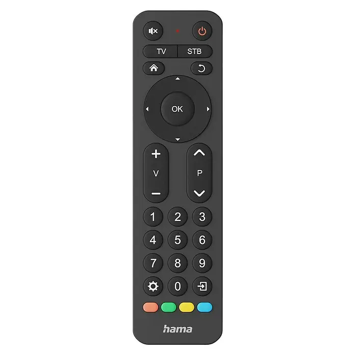 Hama Universal-Fernbedienung 2in1 221056 - 173 x 47 x 20 mm, Passend für: TV, Set-Top-Box, Sat-Receiver, Soundbar, DVB-T-Receiver, Kabel-Receiver, Blu-ray-Player, Verstärker - Abbildung einer schwarzen Hama TV-Fernbedienung mit zahlreichen Tasten für eine einfache Steuerung.