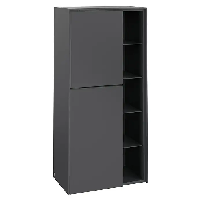 Villeroy & Boch Subway 3.0 Seitenschrank - B x T x H: 57,4 x 36,2 x 120 cm, Graphite, DIN Anschlag: Links, Farbe Griff: Monochrom - Ein grauer Kleiderschrank mit Schiebetüren und offenen Regalen zur Aufbewahrung und Organisation von Kleidung und Accessoires.