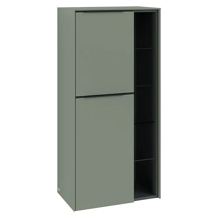 Villeroy & Boch Subway 3.0 Seitenschrank - B x T x H: 57,4 x 36,2 x 120 cm, Soft Green, DIN Anschlag: Links, Farbe Griff: Volcano Black - Moderner Kleiderschrank mit Schiebetüren und Regalen. Der Schrank bietet stilvollen Stauraum.