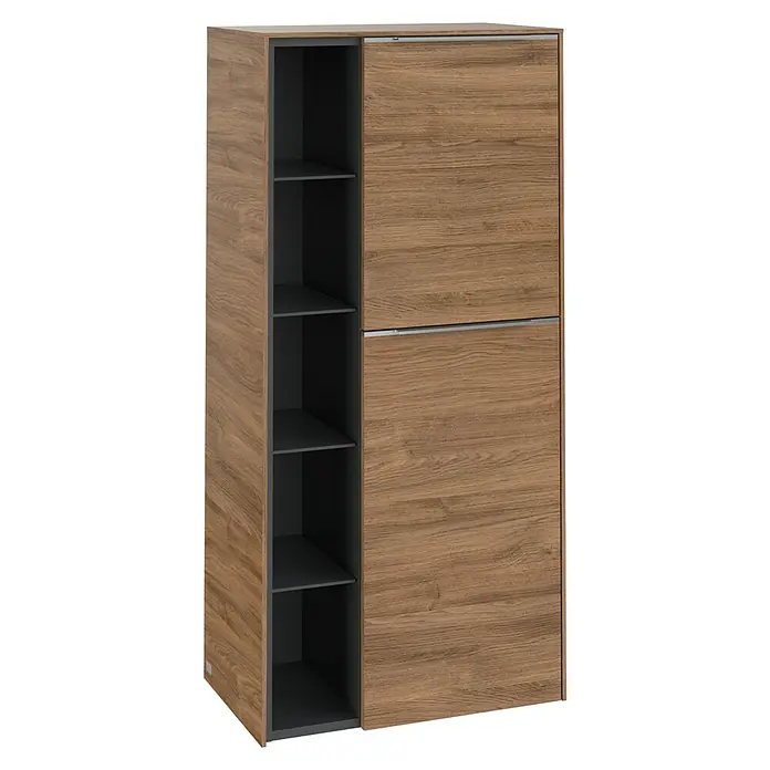 Villeroy & Boch Subway 3.0 Seitenschrank - B x T x H: 57,4 x 36,2 x 120 cm, Kansas Oak, DIN Anschlag: Rechts, Farbe Griff: Aluminium glänzend - Modernes Schuhschrank-Design mit offenem Regal und Schiebetüren aus Holz für stilvolle Aufbewahrung.