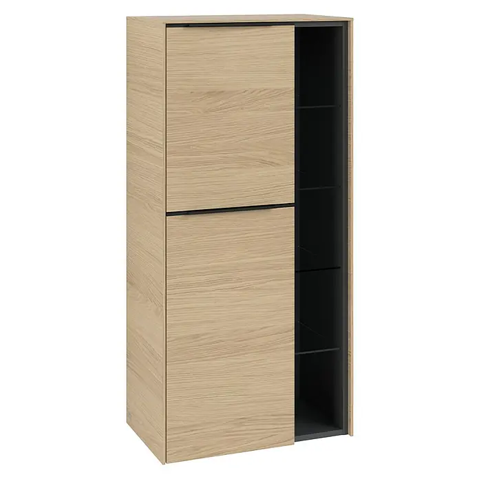 Villeroy & Boch Subway 3.0 Seitenschrank - B x T x H: 57,4 x 36,2 x 120 cm, Nordik Oak, DIN Anschlag: Links, Farbe Griff: Volcano Black - Ein moderner Holzschrank mit Schiebetüren und Regalen, ideal für stilvolle Aufbewahrung in jedem Raum.