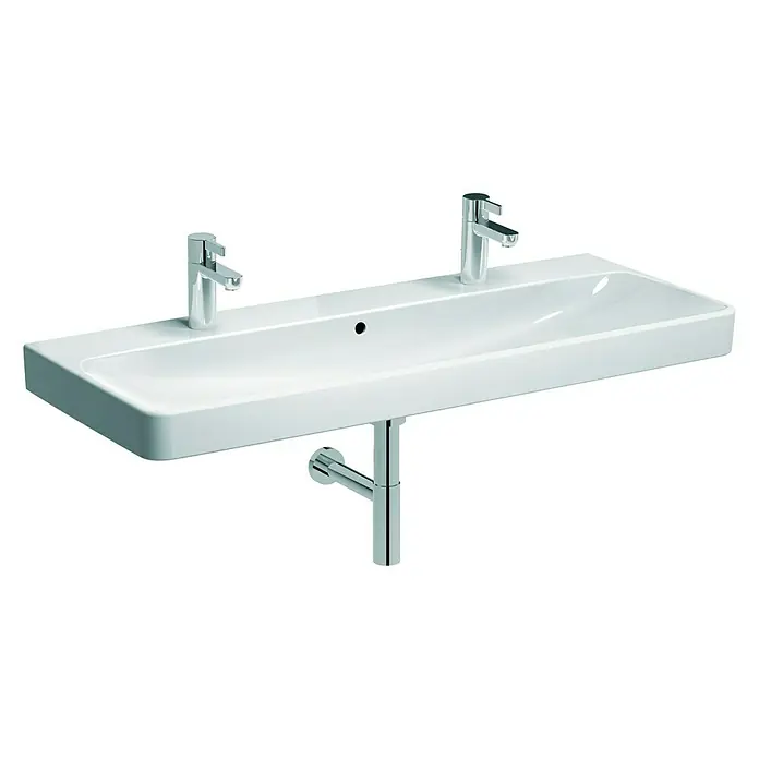 Geberit Smyle Doppelwaschtisch Kera Tect - 120 x 48 cm, Ohne Spezialglasur, Hahnloch: Mitte, Mit Überlauf, Weiß - Elegantes, rechteckiges Waschbecken mit zwei Armaturen und Chrom-Siphon für ein modernes Badezimmerdesign.