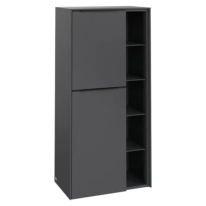 Villeroy & Boch Subway 3.0 Seitenschrank - B x T x H: 57,4 x 36,2 x 120 cm, Graphite, DIN Anschlag: Links, Farbe Griff: Volcano Black - Ein grauer Kleiderschrank mit Schiebetüren, der auf der rechten Seite offene Regale zeigt, ideal für Schlafzimmer oder Ankleidezimmer.