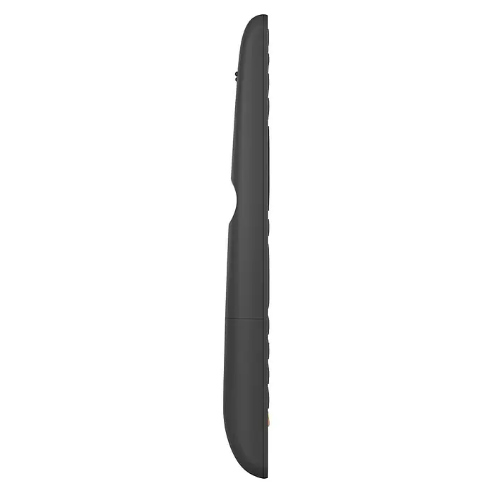 Hama Universal-Fernbedienung 4 in 1 - 202 x 41 x 21 mm, Passend für: TV, Set-Top-Box, Sat-Receiver, Soundbar, DVB-T-Receiver, Kabel-Receiver, Blu-ray-Player, Verstärker - Nahaufnahme eines eleganten, schwarzen Gegenstands mit einer markanten Aussparung, der sich durch sein modernes Design auszeichnet.