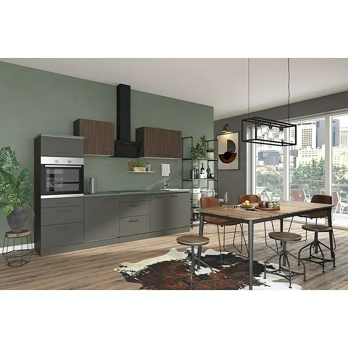Optifit Madrid420 Küchenzeile Typ 3 - Breite: 270 cm, Anthrazit/Rillendekor Nussbaum, Mit Elektrogeräten - Moderne Küche mit Esstisch, Stühlen und Küchenschränken in Grau und Braun für ein stilvolles Ambiente.