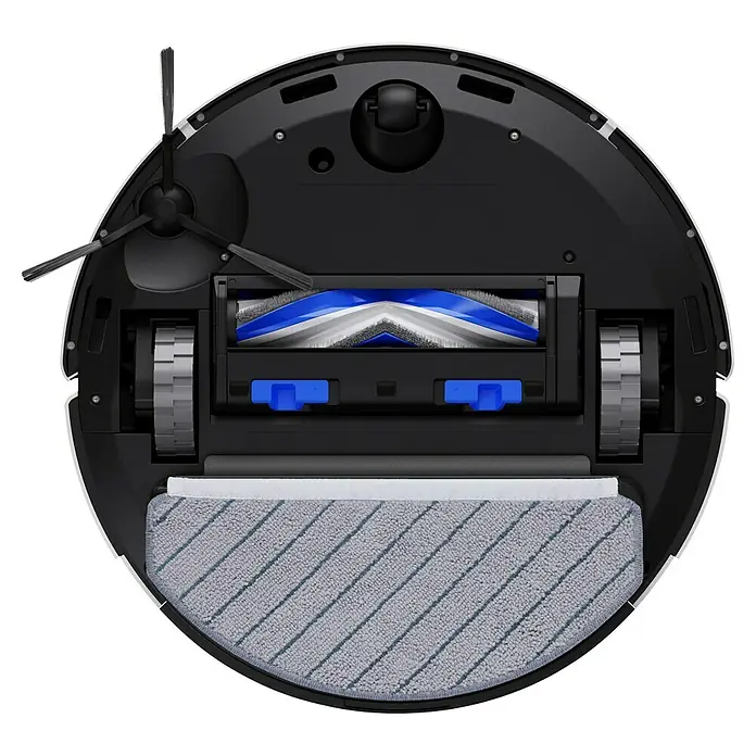 Ecovacs Saugwischroboter-Set Deebot N20 Plus White - Saugkraft: 8.000 Pa, Akkulaufzeit: 170 min - 300 min, Fassungsvermögen: 400 ml - Untenansicht eines schwarzen Staubsaugerroboters mit blauen Akzenten und einer grauen Moppeinheit zur Reinigung von Hartböden.
