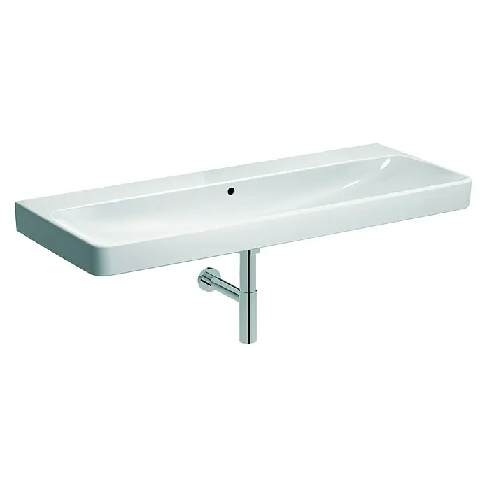 Geberit Smyle Doppelwaschtisch - 120 x 48 cm, Ohne Spezialglasur, Hahnloch: Ohne, Mit Überlauf, Weiß - Ein modernes, rechteckiges Waschbecken aus weißer Keramik mit Chrom-Siphon und minimalistischem Design. Perfekt für ein stilvolles Badezimmer.