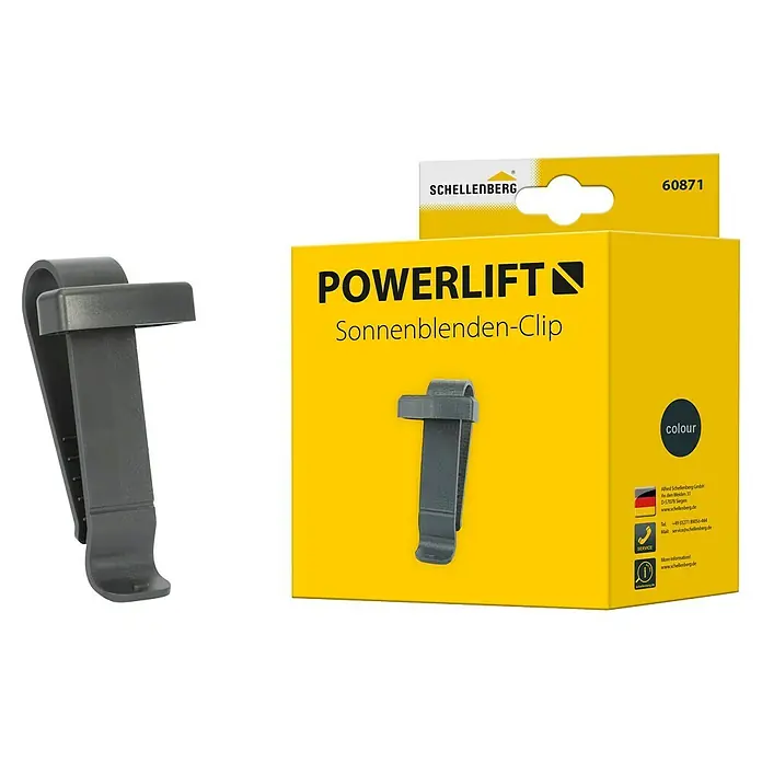 Schellenberg Sonnenblendenclip Powerlift - Passend für: Schellenberg Powerlift Funkhandsender - Produktfoto eines Sonnenblenden-Clips der Marke Schellenberg, verpackt in einer gelben Schachtel mit der Aufschrift "POWERLIFT".