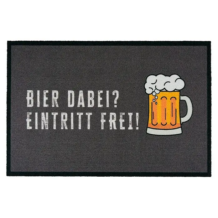 Fußmatte Bierkrug - Motiv: Bier dabei? Eintritt frei!, L x B: 40 x 60 cm, Dunkelgrau - Fußmatte mit dem Aufdruck "Bier dabei? Eintritt frei!" und einem Bierkrug. Ideal für Bierliebhaber und Partys.