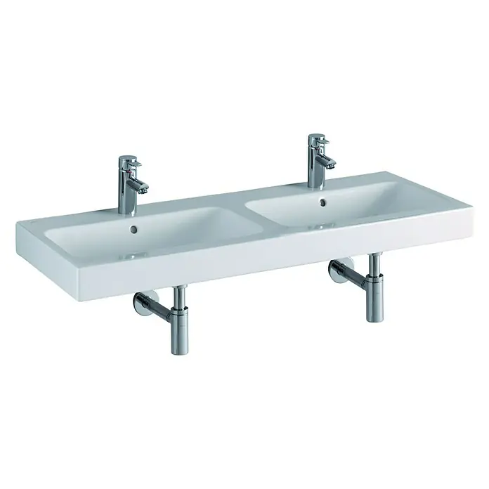 Geberit iCon Doppelwaschtisch - 120 x 48,5 cm, Ohne Spezialglasur, Hahnloch: Mitte, Anzahl Hahnlöcher: 2, Weiß - Doppelwaschtisch aus Keramik in Weiß mit zwei Armaturen und verchromten Siphons für ein modernes Bad.