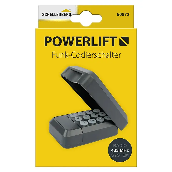 Schellenberg Funk-Codetaster Powerlift - Anzahl Kanäle: 4 Stk., Passend für: Schellenberg Garagentor- und Drehtorantriebe - Produktverpackung für einen Schellenberg Powerlift Funk-Codierschalter mit 433 MHz Funksystem für Garagentore und Rollläden.